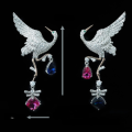 wholesale Metal: 925 Silver Gold Plated Falling chain earrings with high-carbon diamonds, featuring immortals, cranes, royal blue, and pink sapphires Versatile ear drops for women-0-2