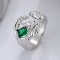 wholesale S925 Sterling Silver Korean Japanese Fashion Trendy Textured Crushed Inlaid Green Zircon Open Adjustable Ring-0-0