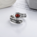 wholesale S925 Sterling Silver Retro Trendy Royal High Bridge Feather Design Cat's Eye Gemstone Inlaid Open Ring for Men and Women-0-1