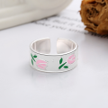 wholesale S925 Sterling Silver Drip Glaze Colored Tulip Flower Adjustable Ring, French Fresh Sweet Princess Fairy Style-0-2