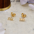 wholesale Metal material: S925 silver plated with 14K gold, French light luxury leaf design white zircon ear studs-0-5