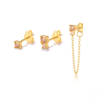 wholesale S925 Sterling Silver Asymmetrical Chain Tassel Zircon Earrings Set-Gold - 3 champagne diamonds set