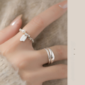 wholesale S925 Silver Double-Layer Line Ring with Lucky Pearl and Crushed Silver, Ins Simple and Gentle Elegant Jewelry R00613-0-2