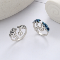 wholesale S925 Sterling Silver Vintage Matte Craft Literary Forest Style Resin Wheat Leaf Silver Bead Tassel Open Ring-706FJ/Vintage Approx. 3.7g &gt; Opening adjustable