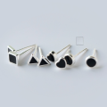 wholesale S925 silver black square and round geometric stud earrings for women and men, couple style E0337-1-0-2