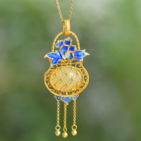 wholesale Silver-gilt, silver-gilt openwork floral basket, enamel tassel, and Hetian jade pendant-Hollow Flower Basket Jade Pendant (without chain)  925 Silver