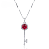 wholesale S925 Sterling Silver Cross-Border New Geometric Minimalist Cultured Ruby Key Pendant Collarbone Necklace Women Light Luxury Gemstone Necklace-Cultivated Ruby 925 Silver