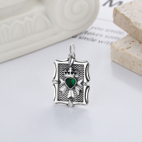 wholesale S925 Sterling Silver Vintage Antique Green Zircon Heart Crown Shield Pendant DIY Personalized Accessory Material-YP085/single pendant about 5.1 grams