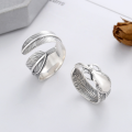 wholesale S925 Sterling Silver Retro Feather Design Open Adjustable Ring, Bold and Unique Unisex Trendy Finger Ring-0-0