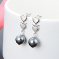 wholesale S925 Sterling Silver Vintage Light Luxury Gray Pearl Stud Earrings with Diamond Accents, Short Heart-shaped Wholesale-0-0