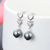 wholesale S925 Sterling Silver Vintage Light Luxury Gray Pearl Stud Earrings with Diamond Accents, Short Heart-shaped Wholesale-003169-Platinum S925 Silver