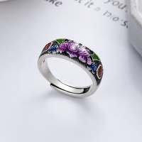 wholesale Sterling silver Yun Chao Xuan S990 retro antique enamel drip glue exquisite peony flower auspicious pattern vintage open-ended ring-YJ803/approx. 6g Adjustable opening