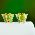 wholesale Gold-plated 925 silver with certificate new Chinese-style palace earrings cloisonné enamel butterfly inlaid with Hetian jade ear studs-0-0