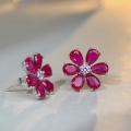 wholesale S925 sterling silver earrings for women, daisy camellia ear accessories, wholesale full-drilled red gemstone flower, minimalist silver earrings-0-2