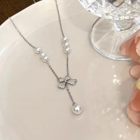 wholesale S925 Silver Bow Pearl Tassel Necklace for Women, Light Luxury Fashion, High-End Sense, Versatile Choker-xb1103-white gold