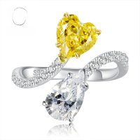 wholesale Metal: 925 Sterling Silver Mu Jing Jewelry New 7*7 Heart-Shaped High-Carbon Diamond Open Ring, Versatile Style-K033 Yellow Diamond Adjustable opening