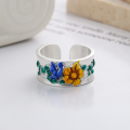 wholesale 990 Sterling Silver Wide Epoxy Resin Enamel Blooming Apricot Flower Open Ring Art Palace Style Index Finger Ring-0-1