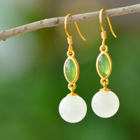 wholesale Sterling silver with certificate 10mm Hetian jade bead earrings, artistic vintage cheongsam Hanfu earrings, natural gemstone ear accessories-925 silver gold plated 10mm beads