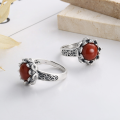 wholesale S925 Sterling Silver Retro Antique Vintage Style 3D Lotus Auspicious Cloud South Red Inlay Ring Classical Elegance-0-1