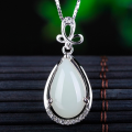 wholesale 925 Sterling Silver with Certificate Flower Clasp Inlaid with Hetian Jade Pendant, Palace Ancient Style Necklace Water Drop White Jade Pendant for Women-0-0