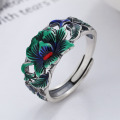 wholesale S925 silver ethnic-style enamel-filled resin lotus and koi hollow elegant open ring for women-0-1
