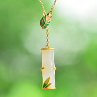 wholesale 925 silver gold-plated with natural Hetian jade pendant, Chinese-style cold enamel bamboo joint necklace, Hanfu jade accessory-Gold-plated enamel beetle bamboo pendant necklace