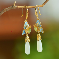 wholesale Pure silver natural Hetian jade earrings with certificate, new Chinese retro palace-style enamel butterfly gemstone earrings-Gold Carnelian>925 Silver