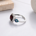 wholesale S925 Sterling Silver Vintage Style Oxidized Square Wax Amber Blood Resin Drop Glue Flower Antique Design Adjustable Ring for Women-0-2
