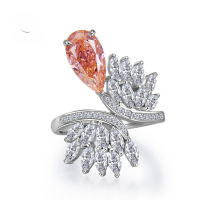 wholesale S925 Silver Jewelry New Arrival 7*13 Padparadscha High-Carbon Diamond Floral Ring for Women inIns Style-Padparadscha Ring  Size 5