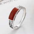 wholesale S925 Sterling Silver Retro Palace Style Leaf Hollow-Out Design Rectangular Red Agate Ring-0-2