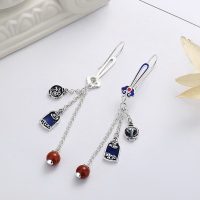 wholesale S925 Sterling Silver Enamel Glaze "Fu" Character Ruyi South Red Agate Tassel Earrings, National Trend Palace Style-297RM/approximately 6.6g 925 silver