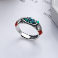 wholesale S925 Sterling Silver Retro Vintage Drip Glaze Matte Craft Lotus Koi Ethnic Style Adjustable Ring-0-0