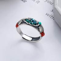 wholesale S925 Sterling Silver Retro Vintage Drip Glaze Matte Craft Lotus Koi Ethnic Style Adjustable Ring-YJ793/approx. 5.9" opening adjustable
