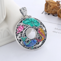 wholesale S990 Pure Silver Vintage Ethnic Style Lotus Flower Koi Fish Lotus Leaf Colored Glaze Resin Hollow Heart Sutra Pendant-YP157W/single pendant about 22 grams 99 silver