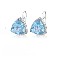 wholesale S925 Silver Cold Style Natural Stone Earrings, Triangular Sky Blue Topaz Gemstone Ear Drops-Colored crystal earrings 925 silver