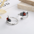 wholesale S925 Sterling Silver Retro Antique Chinese Style Lotus Flower and Leaf Nanhong Inlaid Adjustable Open Ring with Design Appeal-0-1