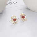 wholesale S925 Sterling Silver Gold-Flower Inlaid Southern Red Agate Ear Studs French Literary Retro Ethnic Style Elegant Earrings-0-0