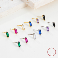 wholesale 925 Sterling Silver Minimalist Rectangular Stone-Studded Earrings, Ins Niche Luxury High-End Sense Color Zircon Earrings-Silver-Purple Diamond (Tremella fuciformis) 925