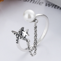 wholesale S925 Sterling Silver Korean and Japanese Creative Star Cross Stitched Chain Pearl Niche Design Open Ring-YFJ451/approx. 2.4g>Adjustable opening