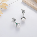 wholesale S925 sterling silver creative feather ear cuff with pearl accents and green zirconia, retro minimalist style earrings for women-0-1