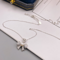 wholesale S925 Sterling Silver Pearl and Diamond Bow Heart Necklace, Unique and Sweet Collarbone Chain, Gift for Female Best Friend-0-3