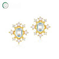 wholesale S925 Sterling Silver New Korean Light Luxury Natural Blue Topaz Stud Earrings for Women, Versatile and Wholesale-10K gold + swimming paint  925 silver
