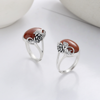 wholesale S925 Sterling Silver 3D Rose Inlaid with South Red Agate Ring Vintage Bohemian Ethnic Style Index Finger Ring-951JM/polished about 4.9g Opening adjustable