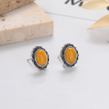wholesale S925 Sterling Silver Retro Vintage Pattern Inlaid Oval Amber Stone Earrings Creative Versatile Design-0-0