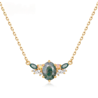 wholesale S925 Silver Cross-Border New European and American Light Luxury Natural Moss Agate Necklace for Women, Versatile Collarbone Chain with Green Moss Stone-10K gold + swimming paint  925 silver