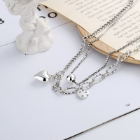 wholesale S925 Sterling Silver Korean Style Double-Layer Interlocking Chain 3D Heart Sweater Hoodie Versatile Trendy Necklace-YL299/approx. 21.6g 925 silver