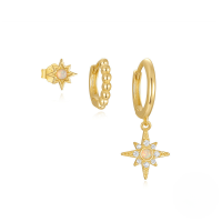 wholesale S925 Sterling Silver Octagonal Star Opal With Zircon Accent And Hoop Earring Set, A Classic European And American Best-selling Opal Jewelry-Set of 3 - Gold#3 925 Silver
