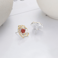 wholesale S925 Sterling Silver Gold-Flower Inlaid Southern Red Agate Ear Studs French Literary Retro Ethnic Style Elegant Earrings-0-2