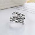 wholesale S925 Sterling Silver Distressed Feather Ring with Eagle Design, Two-Tone, Adjustable-0-2