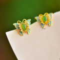 wholesale Gold-plated 925 silver with certificate new Chinese-style palace earrings cloisonné enamel butterfly inlaid with Hetian jade ear studs-0-1